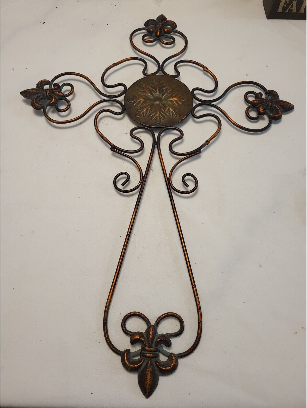 Decorative Metal Wall Cross with Fleur-de-Lis Design 26"x18"